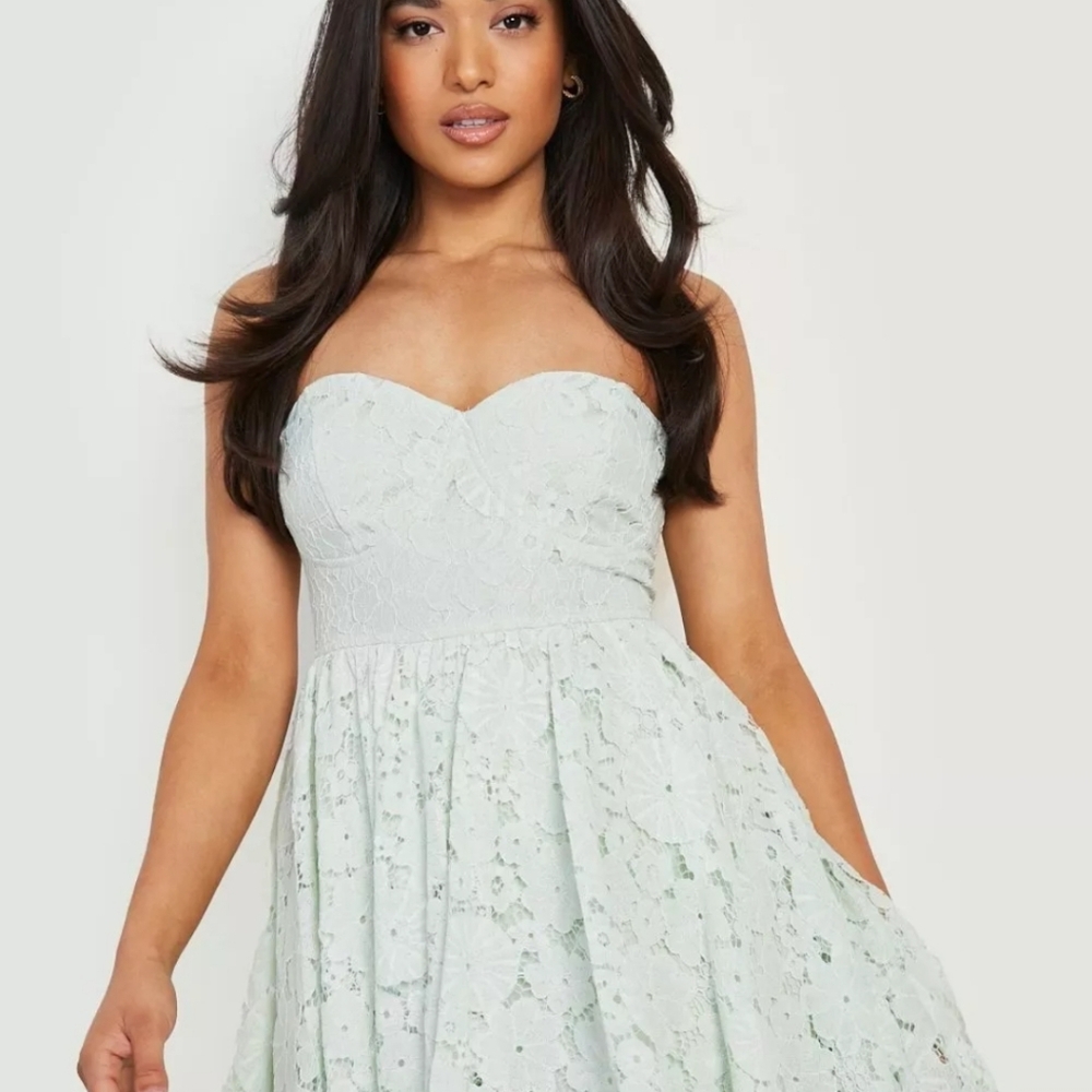 Boohoo Strapless Lace Dress in Light Green